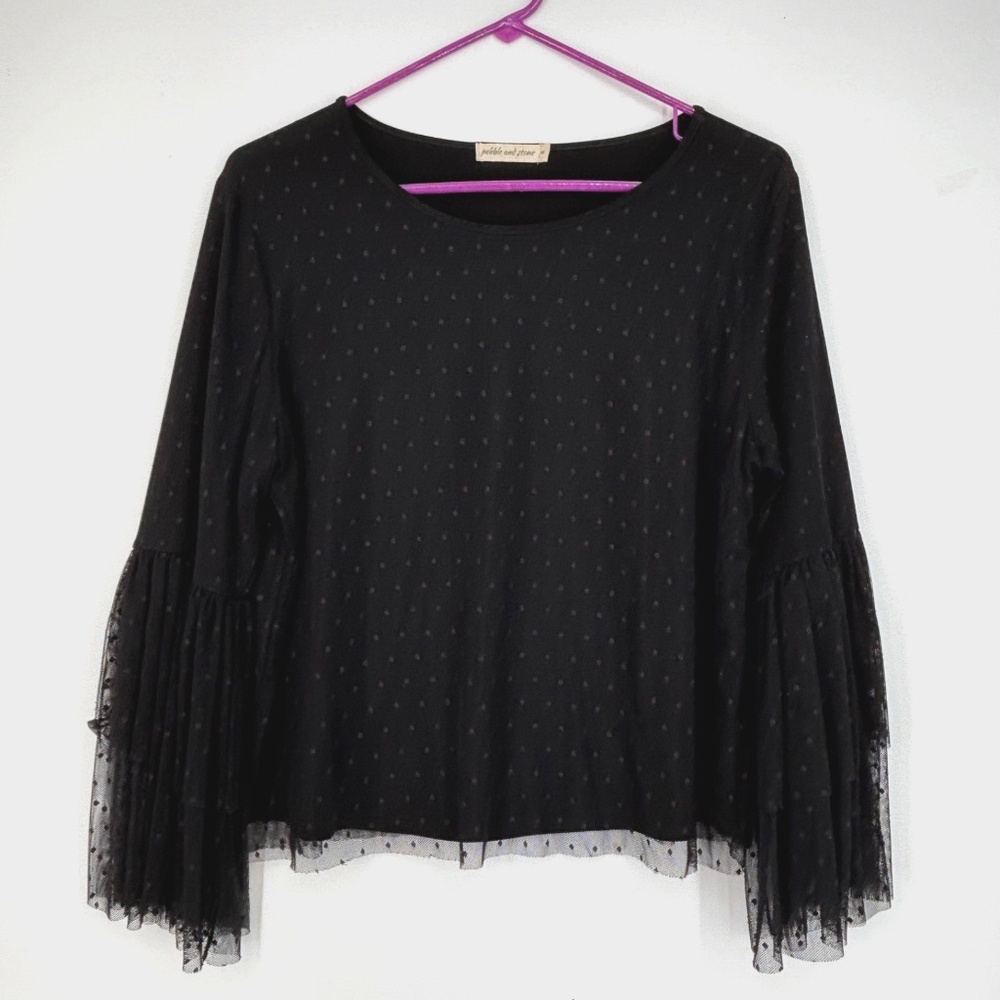 Pebble and Stone Womens Medium Pullover Top Black Polka Dot Statement Sleeves